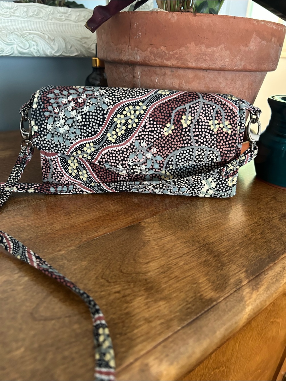 Hand Crafted Wallet with Crossbody Strap, in Vibrant Australian Aboriginal Print